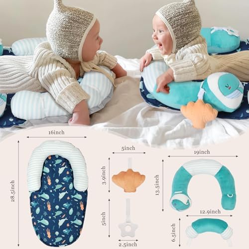 4 in 1 Tummy Time Mat with Educational Cards, Play Mat & Sitting Support for Newborn 0-12 Months, Infant Baby Sit Me Up Floor Seat, Sensory Skills Gifts, Green Whale - Image 7