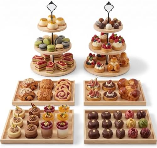 6pcs Wooden Dessert Table Display Set, 3 Tier Cupcake Stand Set with Serving Trays, Rustic Dessert Display Stand, Cake Stand Set for Wedding Dessert Table, Birthday, Baby Shower, Party Food Display, Home Decor by Unknown