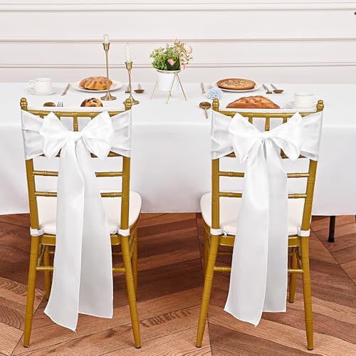 YMHPRIDE 60 PCS White Satin Chair Sashes, 7x108 Inch Ties Chair Bows - Image 4