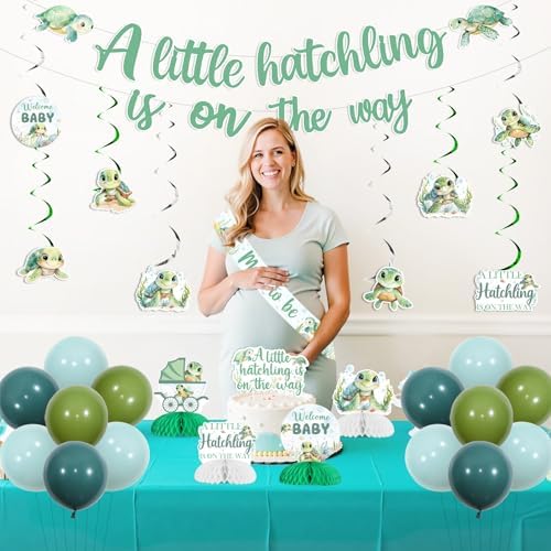 Jollyboom Sea Turtle Baby Shower Decorations, a Little Hatchling Is On The Way Backdrop Banner Cake Topper Sash Balloons Hanging Swirls Ceiling Streamers Table Honeycomb Centerpieces - Image 4