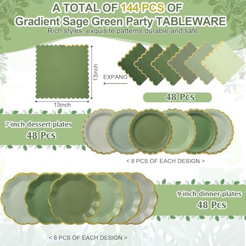 144 Pcs 48 Guests Sage Green Paper Plates and Napkins - Image 2