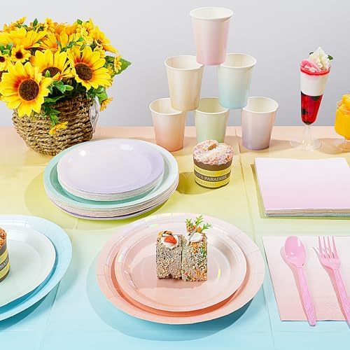 Iridescent Pastel Plates and Napkins Serve 50, Pastel Rainbow Holographic Party Plates Supplies, Disposable Paper Plates Napkins Cups Knives Forks for Birthday Wedding Baby Shower Party Decorations - Image 3