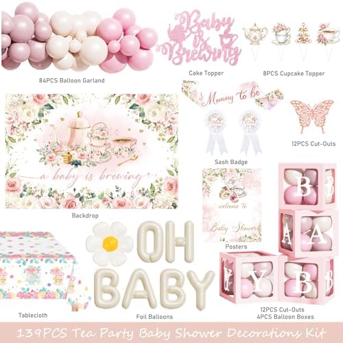 Hombae Tea Party Baby Shower Decorations, 139 PCs - A Baby Is Brewing Party Supplies with Teapot Backdrop, Pink Balloons Garland, Floral Garden Tablecloth, Cake Topper Mommy to Be Sash - Image 2
