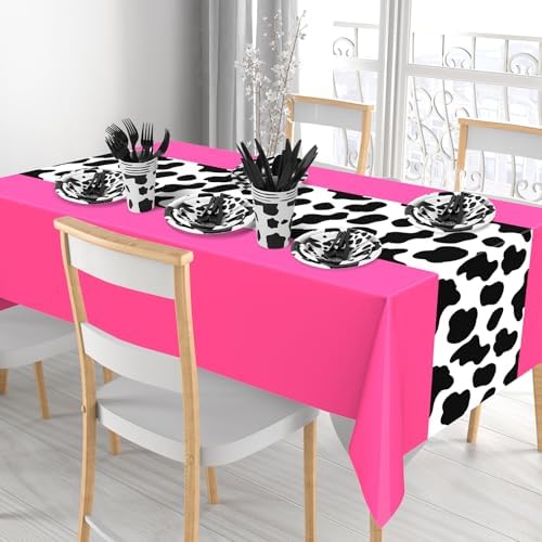 Oudain 222 Pcs Cow Dinnerware Set for 20 Guest Cow Tablecloth Plates and Napkins Cowgirl Party Decorations Cowboy Table Runner Plastic Black White Party Supplies(Hot Pink,Classic) - Image 3