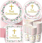 Pickmesh 250 Pcs Pink First Holy Communion Disposable Tableware Set God Bless Baptism Disposable Paper Plates Napkins and Cups for Girls Christening Celebration Baby Shower Religious Supplies Serve 50 by Pickmesh