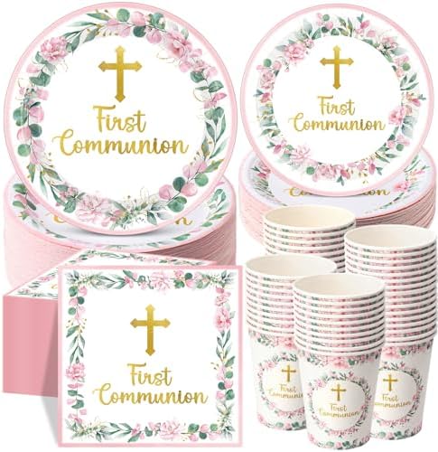 Pickmesh 250 Pcs Pink First Holy Communion Disposable Tableware Set God Bless Baptism Disposable Paper Plates Napkins and Cups for Girls Christening Celebration Baby Shower Religious Supplies Serve 50 by Pickmesh