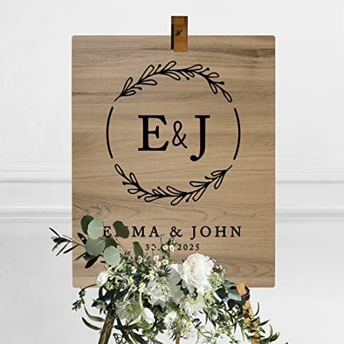 Andaz Press Large Wooden Welcome Sign for Wedding Rustic Welcome Sign 16" x 20" Custom Monogram & Date Laurel Wreath Wedding Signage English Oak MDF Wood Finish Wedding Reception Indoor Outdoor Signs - Image 3