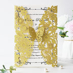 Hosmsua 5.12 x 7.3 Inch 50PCS Gold Laser Cut Lace Flora Butterfly Quinceanera Invitation Cards and Envelopes Customized Printed Invitations for Quinceañera Wedding Invite (Gold Glitter) - Image 5