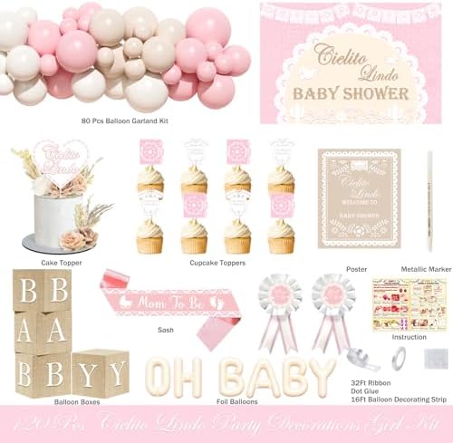 Cielito Lindo Baby Shower Decorations Girl – 120PCs Papel Picado Baby Shower Supplies with Mexican Fiesta Boho Style Backdrop, Balloon, Banner, Poster, Box, Sash and Badge - Image 4