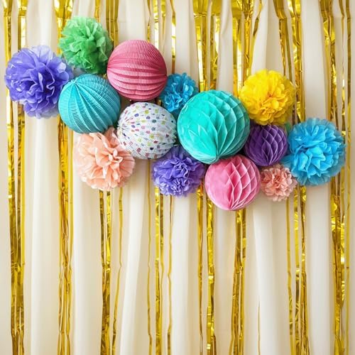 PapaKit Premium Paper Decoration Set - Pom Pom, Honeycomb and Accordion Lantern (Festive Colors) Birthday Party Baby Shower Bride to Be Engagement Wedding Events - Image 3