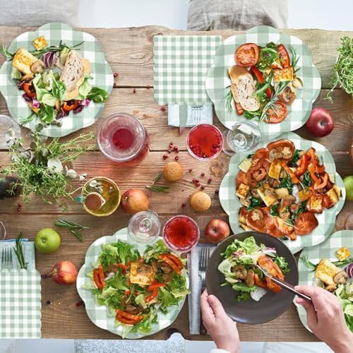 175pcs Gingham Party 25 Piece Dinnerware Set Sage Green Gingham Paper Plates and Napkins Knives Spoons Forks Cups Disposable Party Utensils for Baby Shower Birthday Picnic Wedding - Image 6