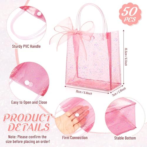 Sayglossy 50 Pcs Clear Pink Gift Bags with Handles 6.1 x 5.9 x 2.8 Inch Wedding Transparent Glitter Tote with Ribbons Reusable PVC Gift Wrap Bags for Baby Bridal Shower Birthday Party - Image 2