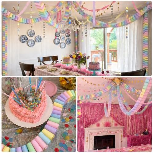 612 Pcs Paper Chain Garland Kit, 600 Sheets Pastel Paper Chain Strips with 6 Rolls Pastel Crepe Paper Streamers and 4 Mirror Star Garlands for Birthday Wedding Party Decorations - Image 5