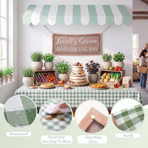 Tallew 3 Pcs Locally Grown Baby Shower Decorations Farmers Market Party Decor with 3D Awning Locally Grown Baby on the Way Sign 54 x 108" Check Tablecloth for First Birthday Farmers Market(Green) - Image 3
