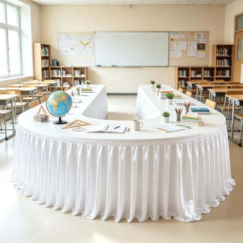 14ft Length Satin White Table Skirt Rectangle Tables Wrinkle Resistant Ruffle Table Skirting Glitter Teacher Desk Cover Skirt for School Classroom Dorm Wedding Birthday Party Trade Show Decorations by Partisky