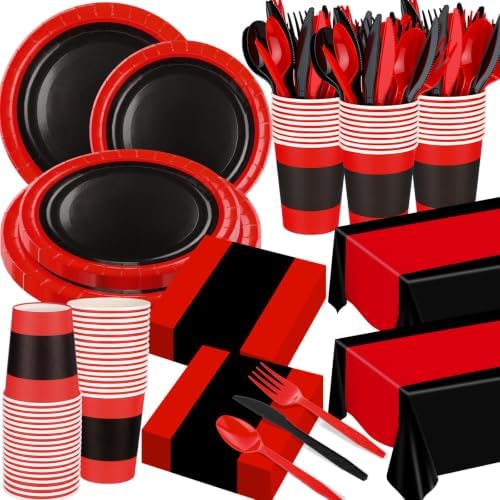 Funnymoom 218 Pcs Red and Black Party Decorations Tableware Set, Serves 24 by Funnymoom