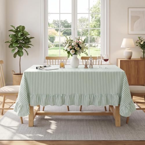 Eternal Beauty Striped Ruffled Tablecloth 52x70 Inch Green White by EternalBeauty