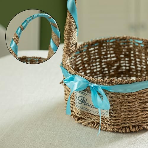 Wickerwise Small Seagrass Wicker Picnic Basket with Handle - Versatile Gift Basket with Blue Ribbon for New Year and Other Occasions, Garden and Home Decor, Natural Wicker Basket and Storage Solution - Image 6