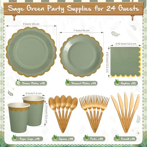 Mimorou 338 Pcs Sage Green Plates Napkins Cups Flatware Set - Image 2