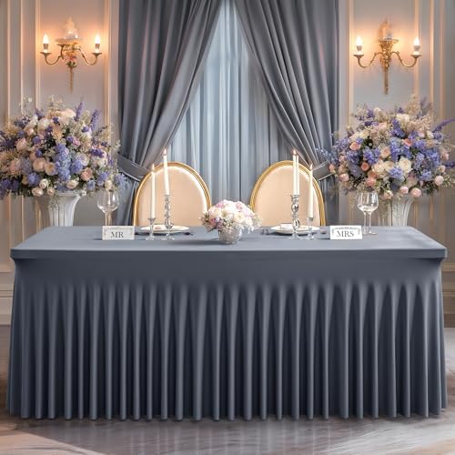 Wish Care 2 Pack Gray Spandex Table Clothes for 6 Foot Rectangle Tables, 6FT Wrinkle Free Fitted Tablecloths Ruffles Design Table Cover for Party, Banquet, Wedding and Events - Image 4
