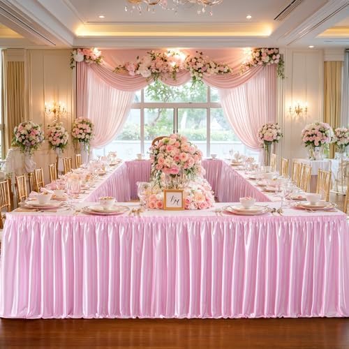 17ft Length Pink Satin Table Skirt Rectangle Tables-Wrinkle Resistant Ruffle Table Skirting Glitter Teacher Desk Cover Skirt for School Classroom Dorm Girls Birthday Party Cake Dessert Decorations by Partisky