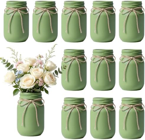 12 PCS 16oz Glass Mason Jars Flower Vases for Centerpieces, Green by ZHURUININ