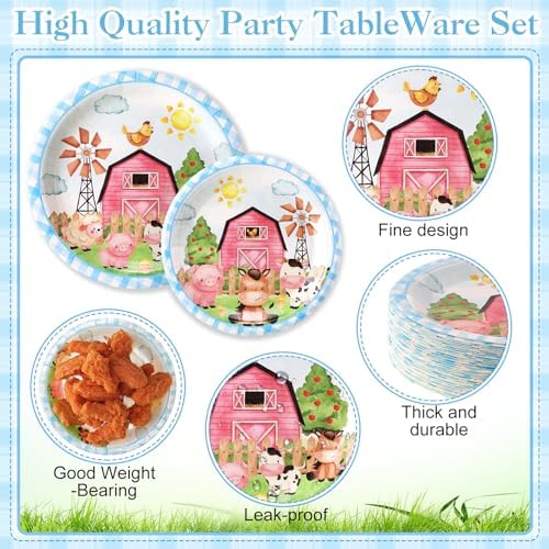 Pickmesh 250 Pcs Farm Animals Party Plates Napkins Cups, Light Blue Pink - Image 3
