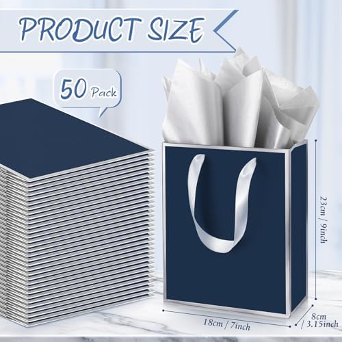 Yeaqee 50 Pcs Metallic Paepr Gift Bags Bulk with Handles,Navy Blue, Silver - Image 2