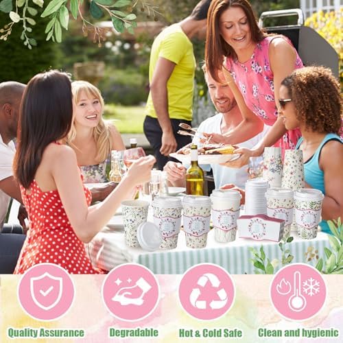 Jingmore 120 Sets 16oz Disposable Paper Coffee Cups with Lids Sleeves Straws Holiday Paper Drinking Cups Bulk for Hot Cold Beverages Home Business Cafe Birthday Party Supplies (Boho Flowers) - Image 4