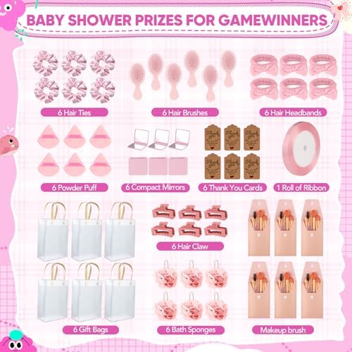 OINETRK 109pcs Baby Shower Prizes for Winners Gifts Baby Shower Favors including Headband Hair Brush Compact Mirror Bath Sponges Powder Puff Hair Tie Claw Makeup Brushes Gift Bag Bridal Shower(Pink) - Image 2