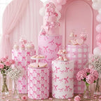 HunnmingRe 5 Pcs Pink Bow Cylinder Pedestal Stand Covers Flexible Cylinder Stand Covers for Girly Party Backdrop Baby Shower Birthday Wedding Dessert Tables Decor Party Display Decor - Image 2
