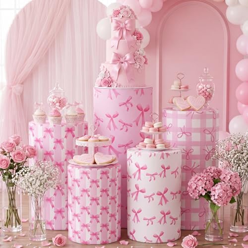 HunnmingRe 5 Pcs Pink Bow Cylinder Pedestal Stand Covers Flexible Cylinder Stand Covers for Girly Party Backdrop Baby Shower Birthday Wedding Dessert Tables Decor Party Display Decor - Image 2
