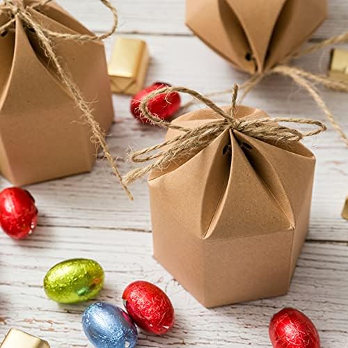 50Pack Mini Paper Gift Boxes Lantern Hexagon Kraft Paper Package Box with Twine Candy Chocolate Gift Packing Wrap for Wedding Party Christmas Brown (Pack of 2) - Image 5