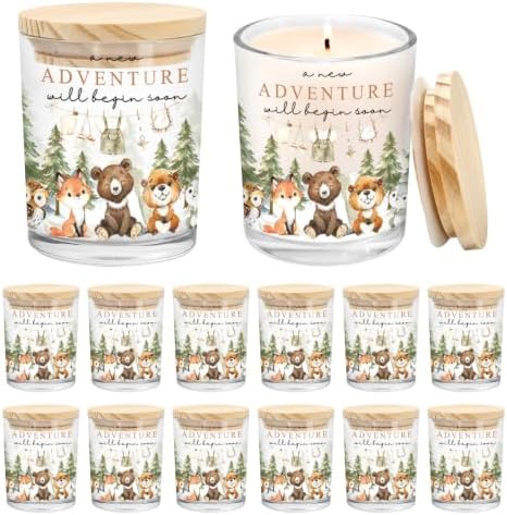 Whaline 12Pcs Adventure Baby Shower Empty Candle Jar with Wooden Lid Woodland Animal Baby Clothes Glass Candle Container for Candles Making Storing Kitchen Table Centerpiece Decoration by Whaline