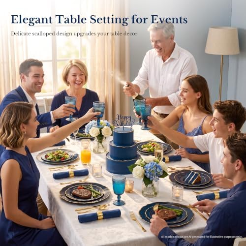 realluck 200Pcs Blue and Gold Plastic Plates Navy Blue Plates Reusable - Image 2