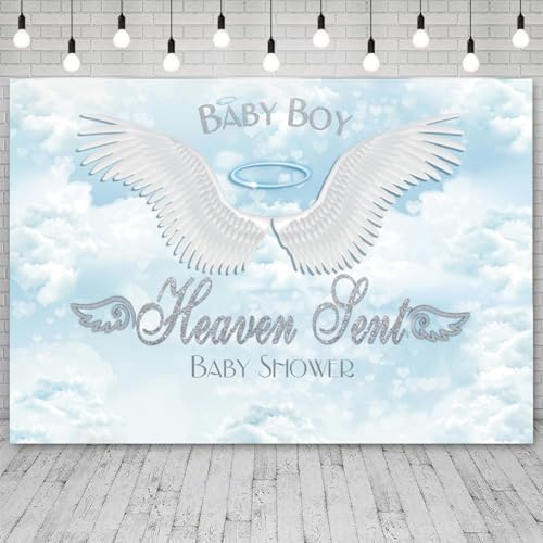 10x6.5ft Baby Shower Backdrop Baby Boy Heaven Sent Photography Background Angel Wings Blue Sky White Clouds Paradise Prince Boys Party Banner Decorations Newborn Gender Reveal Photo Booth Prop - Image 3