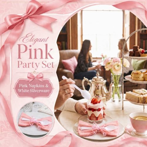 30 Set Pink Pre Rolled Silverware Set with Bow, Pink Napkins - Image 4