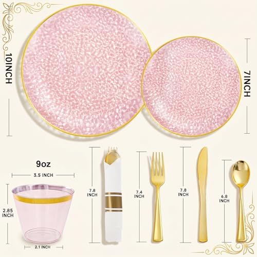 175PCS Pink Plastic Plates for 25 Guests, Disposable Plates for Party, Heavy Duty Disposable Plate Set Include: 25 Dinner Plates, 25 Dessert Plates, 25 Cups and Cutlery for Mother's Day - Image 2