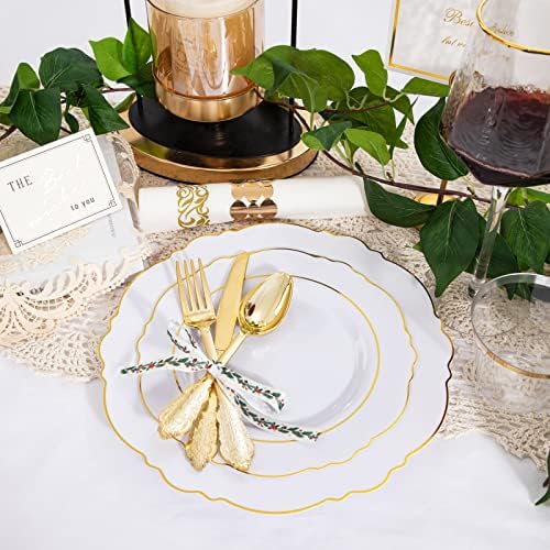 WDF Partyware 350 Pieces Gold Disposable Plates for 50 Guests, Plastic Plates for Party, Dinnerware Set of 50 Dinner Plates, 50 Salad Plate, 50 Spoons, 50 Forks, 50 Knives, 50 Cups for Wedding/Party - Image 4