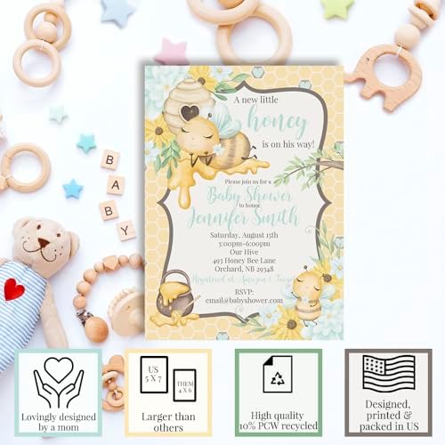 Custom Baby Shower Invites Little Honey Bee Invitation for Boys, Pack of 20 5x7 Personalized Honey Pot Invites with Envelopes - Unique Honey Baby Shower Cards by AmandaCreation - Image 2
