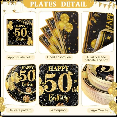 Ceenna 452 Pcs 50th Birthday Party Decoration Men for 50 Guests, Happy Black Gold 50th Birthday Paper Plates Napkins Cups Tablecloth Cutlery Straw Cheers to 50 Tableware Party Supplies for Women Men - Image 2