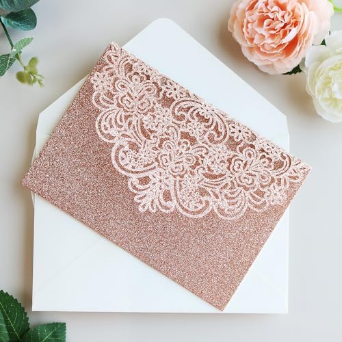 Hosmsua 50PCS Rose Gold Glitter Laser Cut Invitation Pocket, 5.12 x 7.2 Trifold Lace Floral Wedding Invitation Pockets with Envelopes for Wedding Bridal Shower Quinceanera Invite (No Inner Sheet) - Image 5