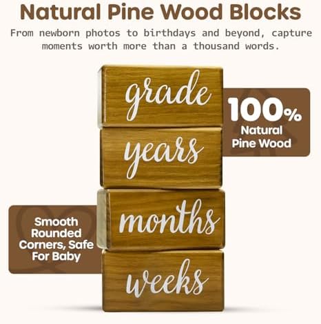 Pondering Pine Baby Milestone Blocks - Natural Pine Wood with Weeks Months Years Grade - Milestones Age Block Set with Boho Rainbow Bag, Newborn Weekly Monthly First Year Picture Props, Earth Friendly - Image 3