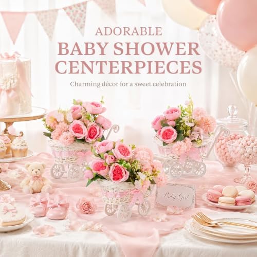 3 Pack Pink Rattan Baby Carriage Centerpieces Baby Shower with Bouquet - Image 4