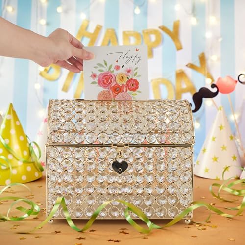 MDLUU Large Wedding Card Box, Treasure Chest Wedding Money Holder with Heart Shaped Lock, Crystal Bead Card Receiving Box for Wedding, Reception, Birthday Party - Image 6