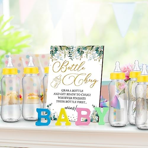 Trelaco 12 Pcs Greenery Cool Baby Shower Game Bottle Chug Wooden Sign Set - Image 2