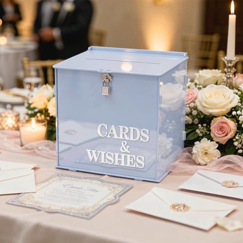 Baby Blue Acrylic Wedding Card Box with Lock, 3D CARDS & WISHES Lettering - Image 5