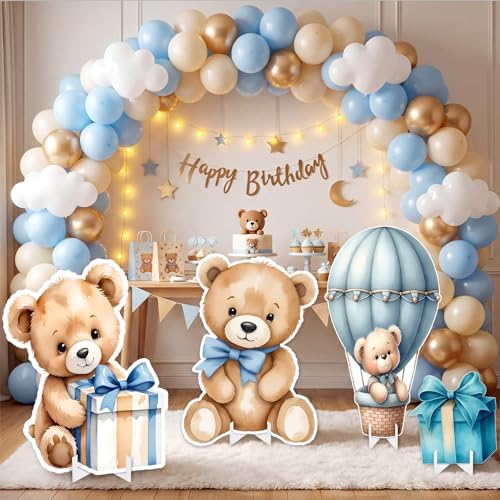 Honoson 4 Pcs Large 24" x 32" Teddy Bear Baby Shower Decorations Cardboard Cutouts, We Can Bearly Wait Standee Blue for Bear Themed Birthday Gender Reveal Party Supplies Lawn Yard Decor by Honoson