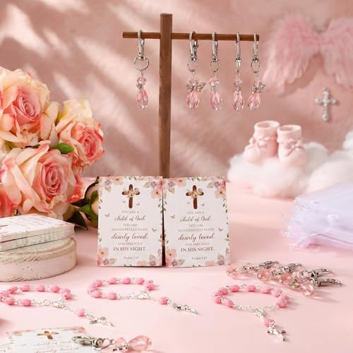 Hicarer 30 Set Baptism Favors Set Includes Angel Keychains Mini Rosary Cross Beads Favors Baptism Organza Bags with Cross Psalm Cards for Baby Shower Christian Party Supplies (Pink) - Image 5