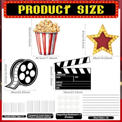 4 Pcs Movie Night Party Decoration Starry Cardboard Cutouts Film Popcorn Clapperboard Cardboard Cutout Lifesize Stand-ups Wedding Birthday Photo Props Backdrop Decor - Image 3
